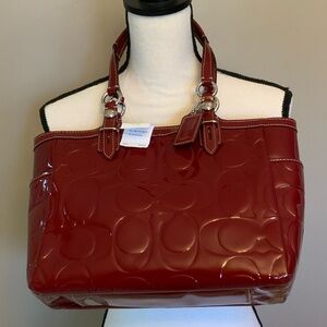 Coach Glossy Red Signature Embossed Patent Shoulder Tote